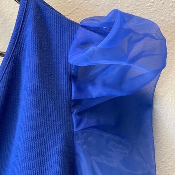 Blouse Blue Asymmetrical One-Shoulder Top With Sheer Puff Sleeve Fashion Elegant - Picture 11 of 16